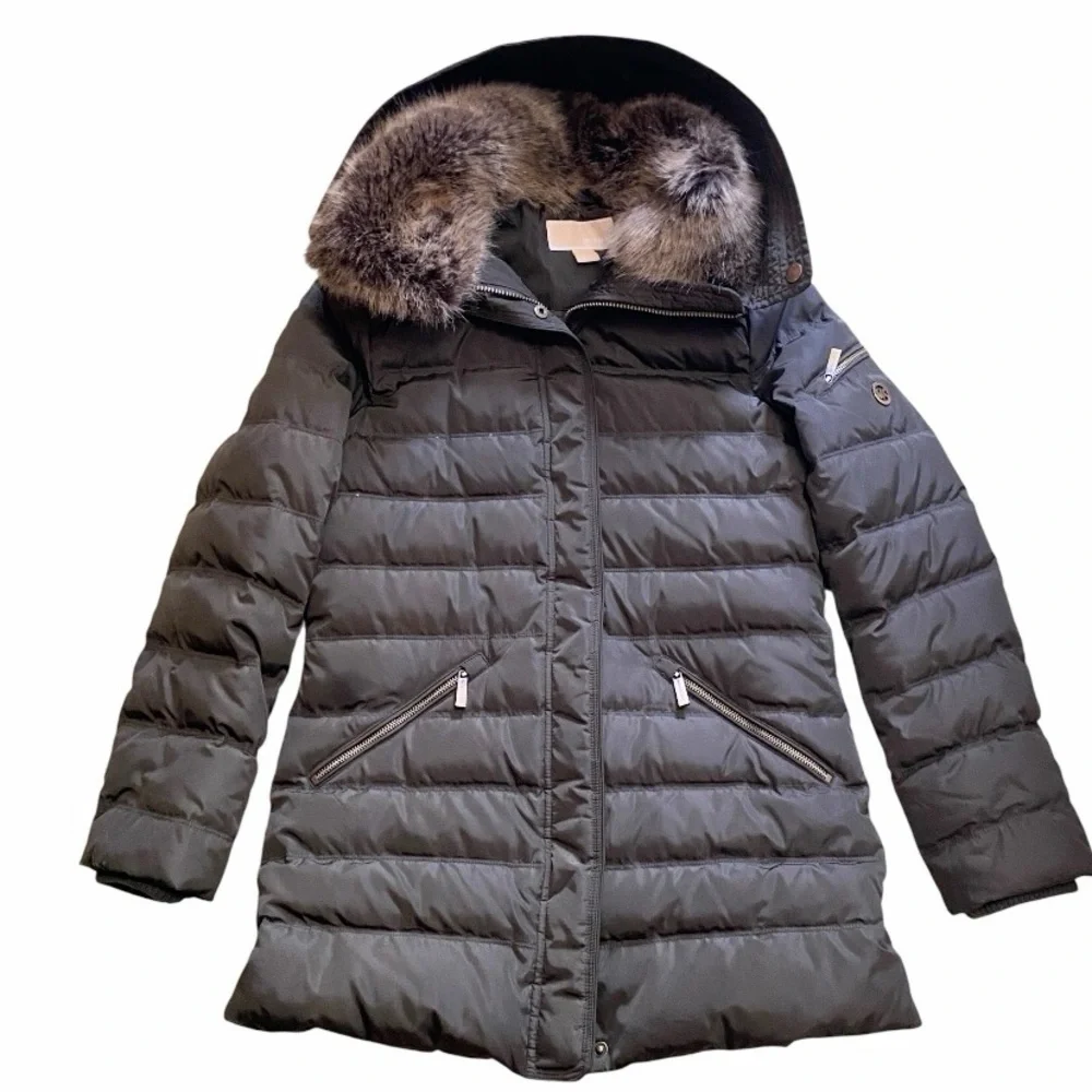 Michael Kors Brown Down Puffer Coat Women’s Small Faux Fur Hood Winter Jacket